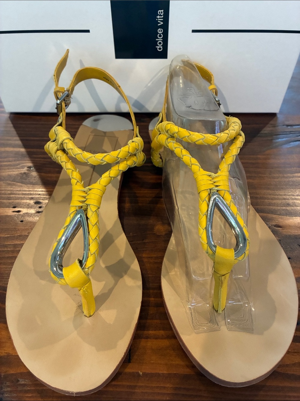 Dolce Vita Bright Yellow Braided T-Strap Sandals with Silver Accents